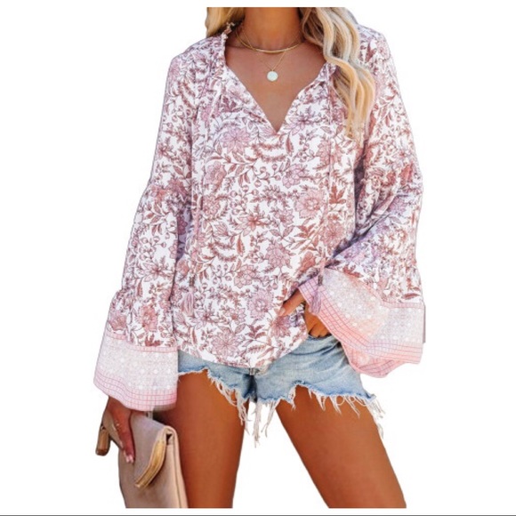 Boho Pink and White Floral Top - Picture 2 of 5